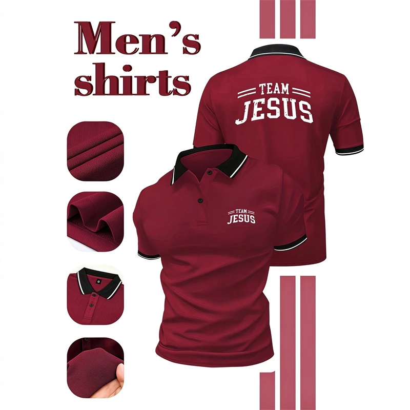 Faith Meets Sporty Style with Team Jesus Back Print Men's Short Sleeve Polo Contrast Trim Collar Casual Christian Streetwear Top