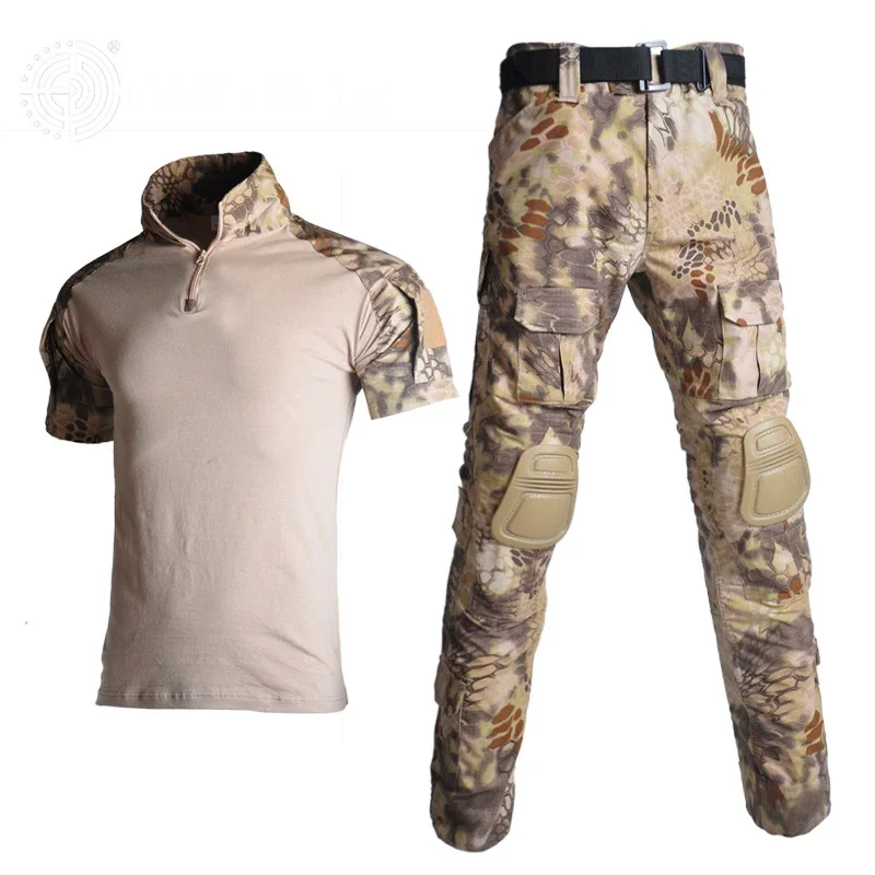 Uniforme tattica tuta da trekking da uomo camicia estiva a maniche corte + pantaloni ginocchiere Camouflage softair Paintball abbigliamento da caccia