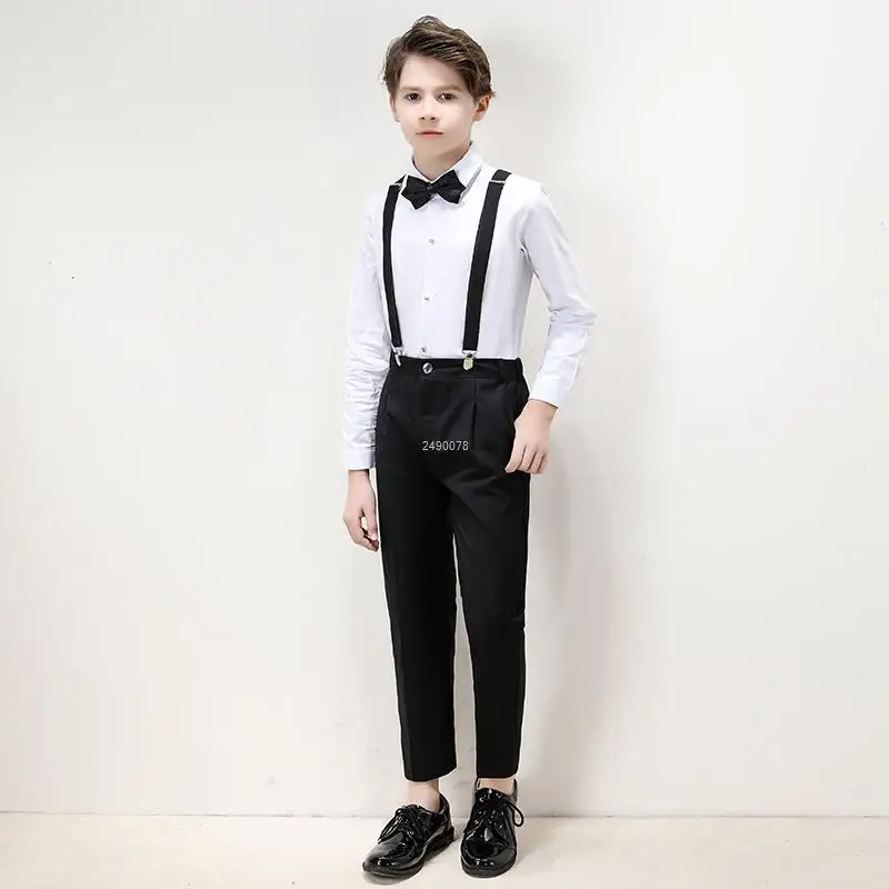 

Boy Formal Wedding Suit Kids Shirt Suspender Pants Bowtie 4PCS Party Photograph Set Teenager Tuxedo Dress Children Dance Costume