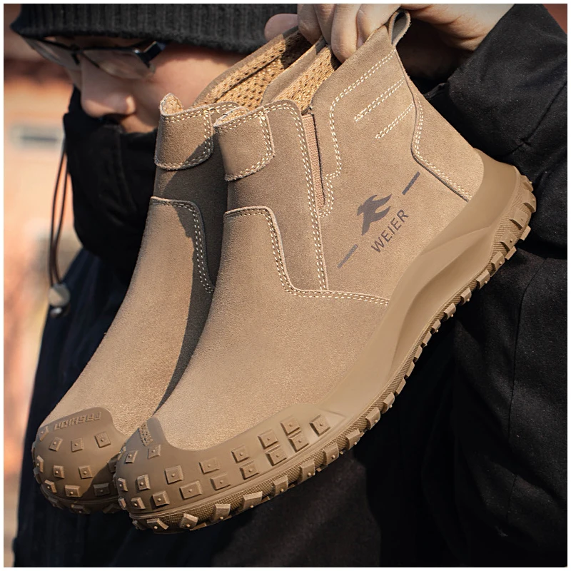 

Мужские модные стальные носки, рабочие защитные ботинки, слипоны из коровьей замши, сварочная обувь, рабочая обувь, защита челси