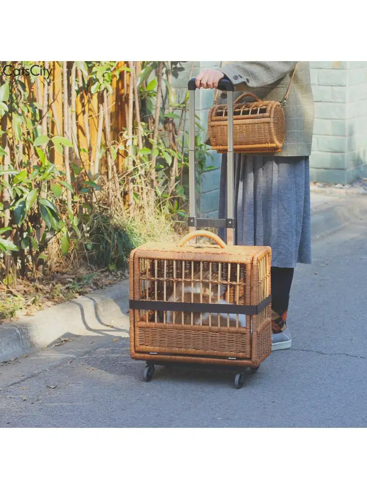 Handmade Rattan Cat Outing Trolley Bag, Labor-Saving, Universal Wheel Trolley Case, Breathable Basket, Pet Supplies