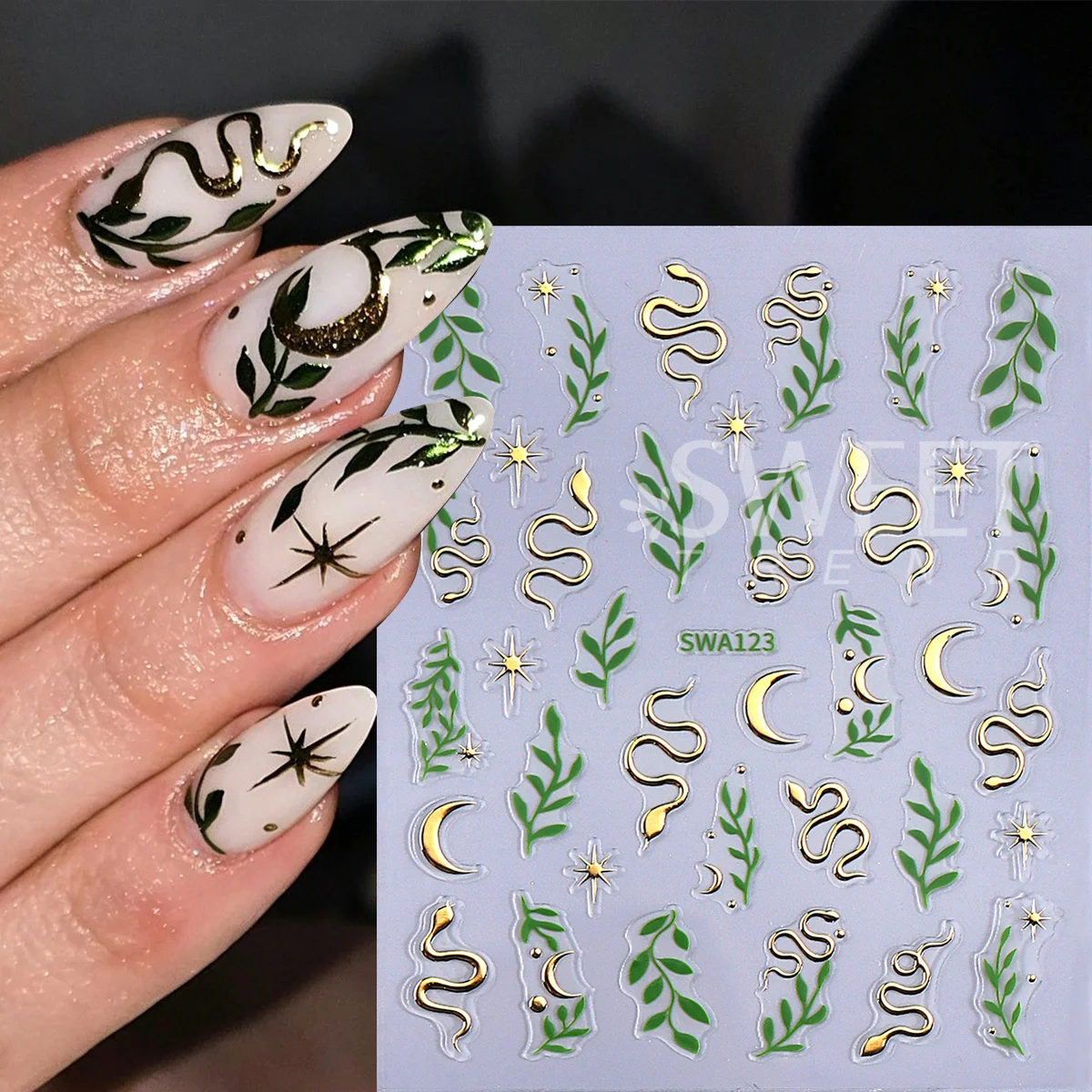 3pcs Metallic Snake Leaves Nail Stickers Blue Green Moon Star Spider Web Heart Fire Design Sliders Halloween Punk Manicure Decal