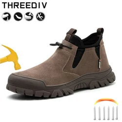 Brown Leather Ankle Boots Anti-smash Work Shoes Man's Safety Shoes Lightweight Work Sneakers Industrial Working Boots Outdoor