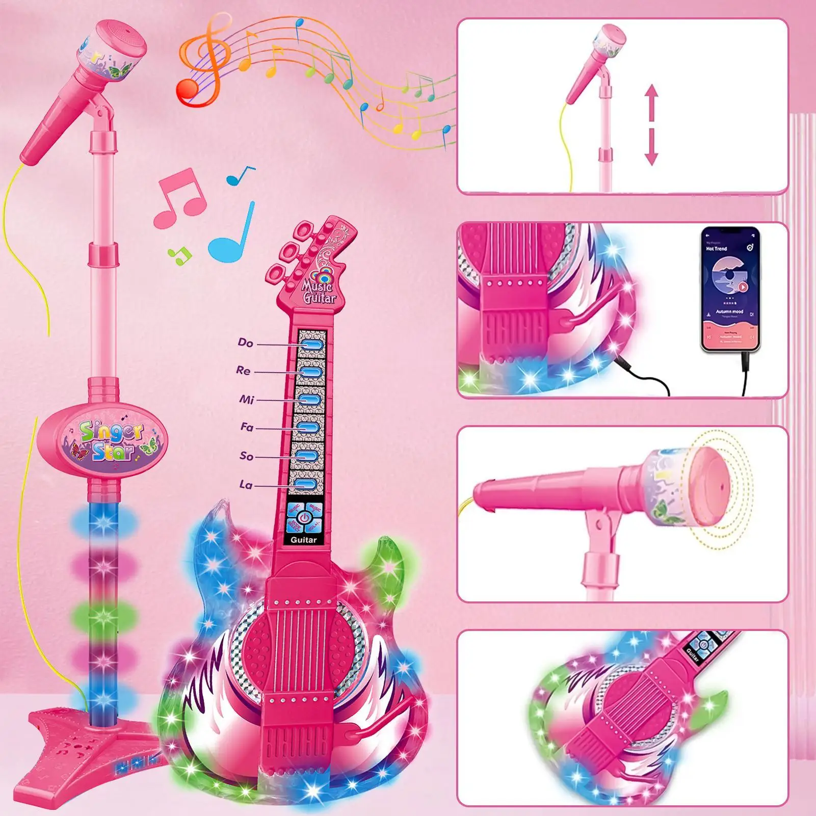 Kids Guitar Toy with Microphone on Stand Musical Instrument Set Colorful Light Early Learning Starter Kit Children Birthday Gift