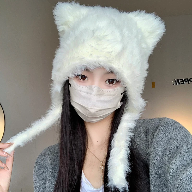 2023 Halloween Winter Plush Cute Cat Ears Beanies Women Pullover Hats Korean Ear Protection Strap Beanies Hat with Earflap