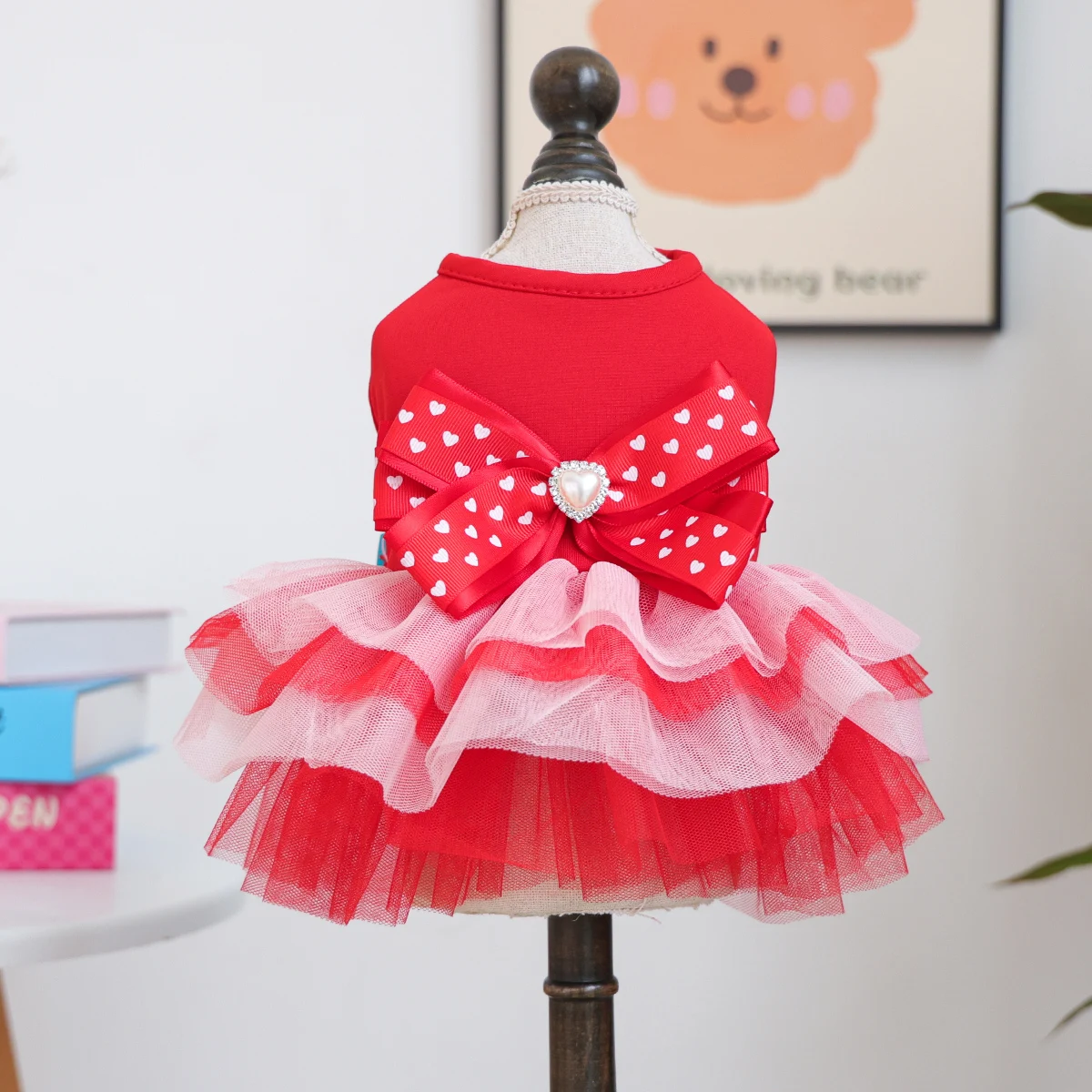 Valentinstag Rotes & Rosa Herzförmiges Haustier-Tutu-Kleid, Schleife mit Edelstein-Akzent, Zweibeiniges Hochzeitskleid für Kleine Hunde & Katzen, Ohne D-Ring