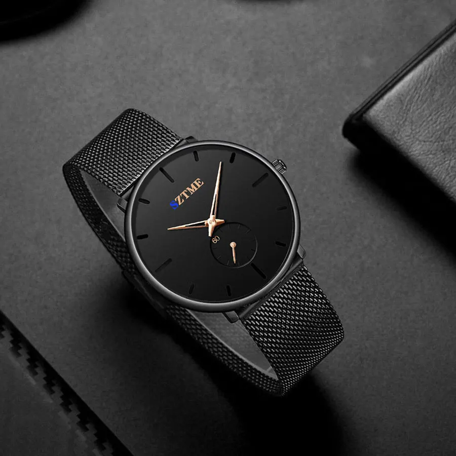 メンズ超薄型クォーツ時計,メッシュストラップ,カジュアルでクールな青い針,英国のファッション