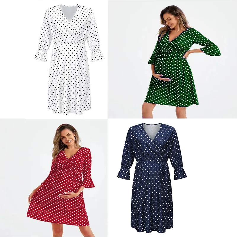 

Polka Dot Mid Sleeve Pregnant Women's V-neck Dress European and American New Style