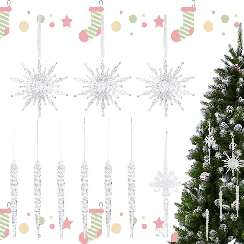 

Christmas Snowflake Ornament 10 Pieces Christmas Tree Acrylic Icicle Clear Pendant Seasonal Winter Ornament For Garden Front