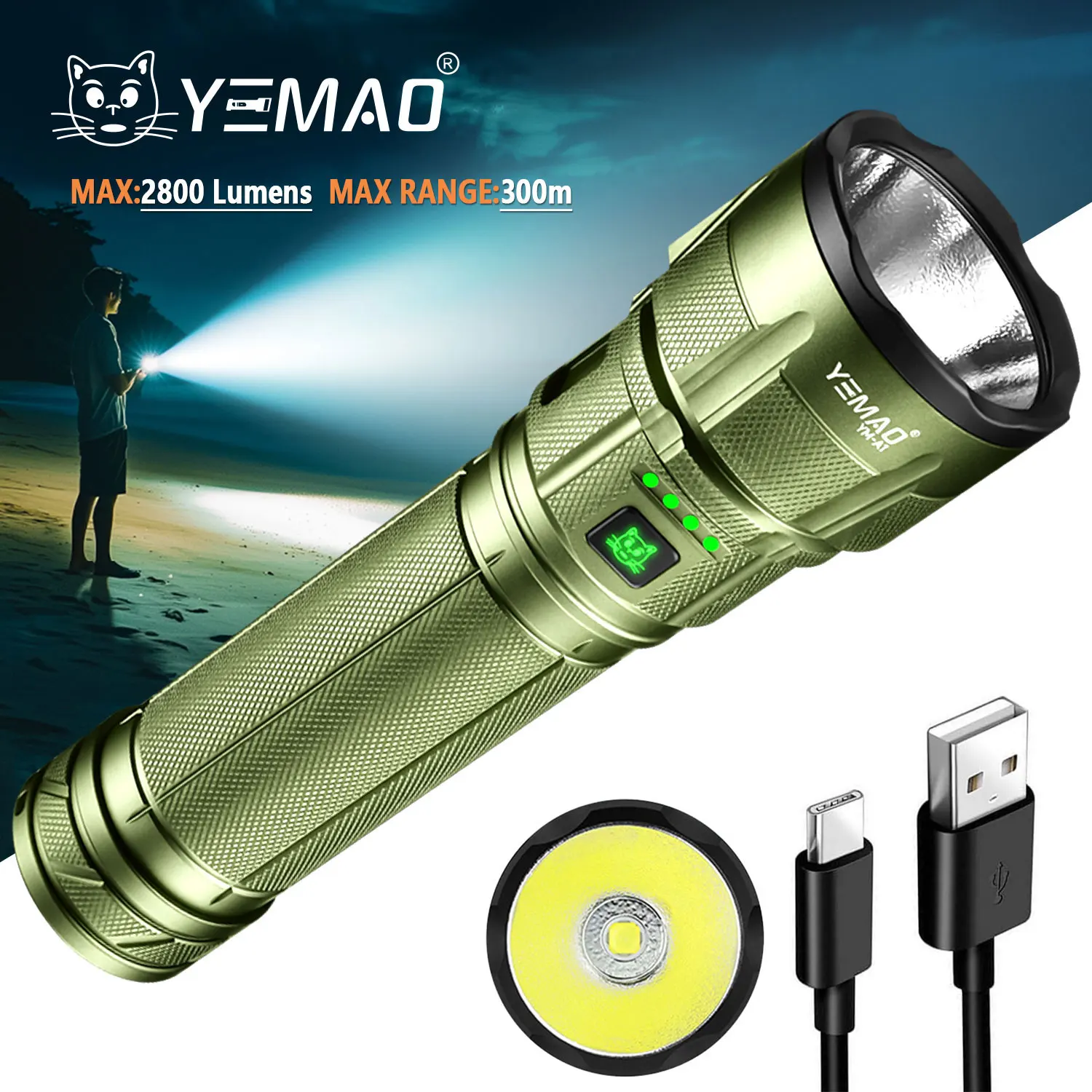 

YEMAO A1 Powerful Flashlight Constant 2000 Lumens Rechargeable 300M Spotlight Range P70.2 LED Torch with 15000mAh LiFePO4battery