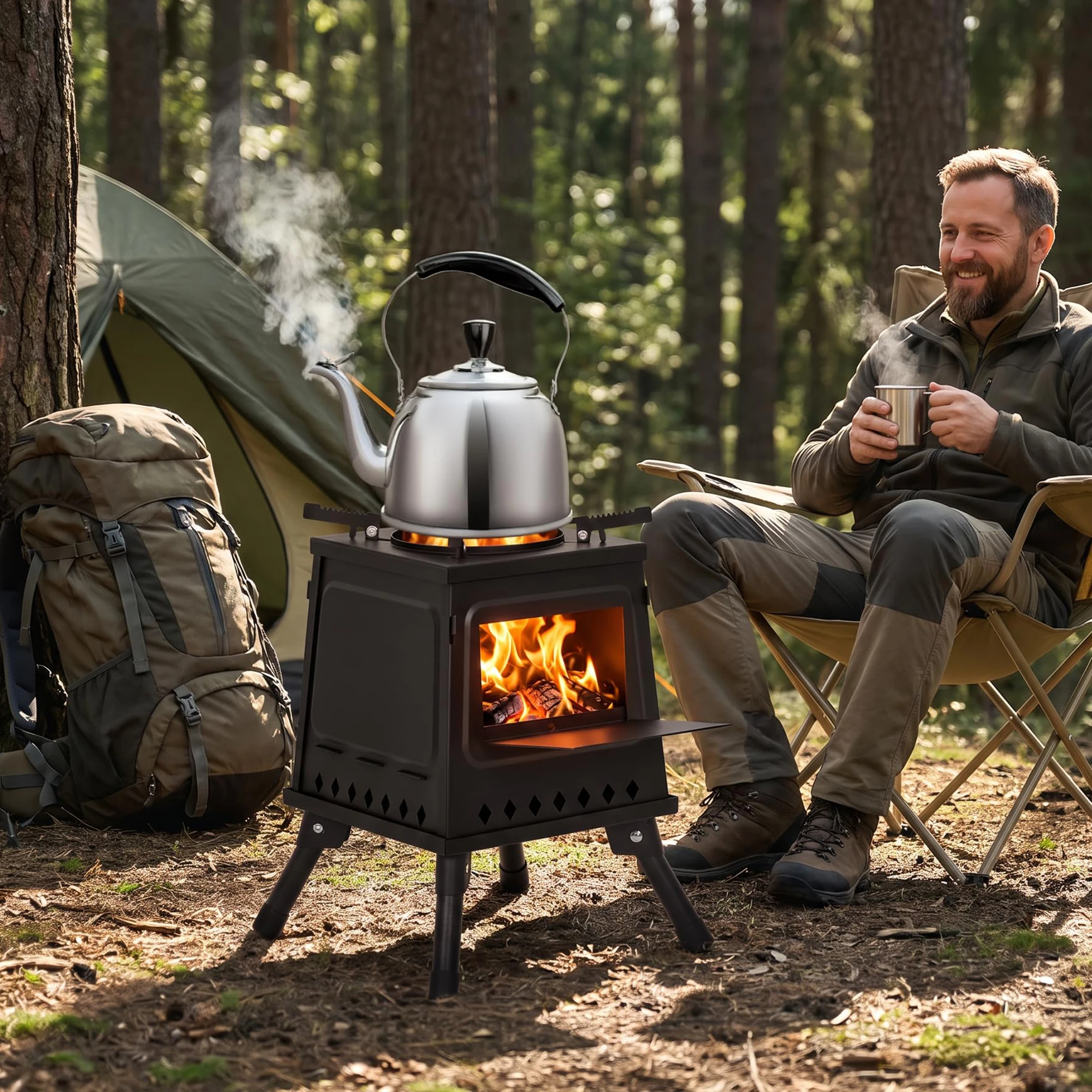 Portable Folding Rocket Stove Wood Burning Camping Stove Heavy Duty Cast Metal Charcoal Camp Stove with Fire Poker for Backpacking Outdoor Cooking BBQ Emergency Survival