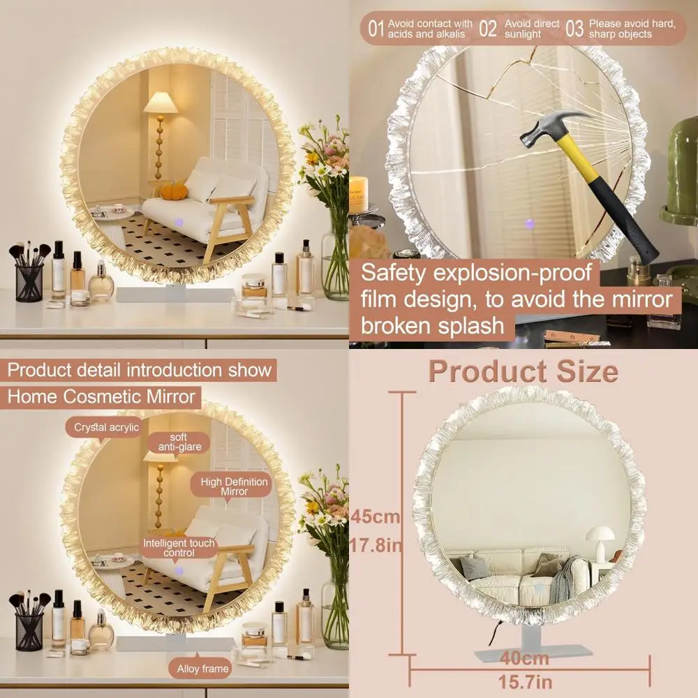 

LED Lighted Makeup Mirror with Crystal Frame, 3 Color Modes, Touch Control Tabletop Vanity Mirror for Makeup Application