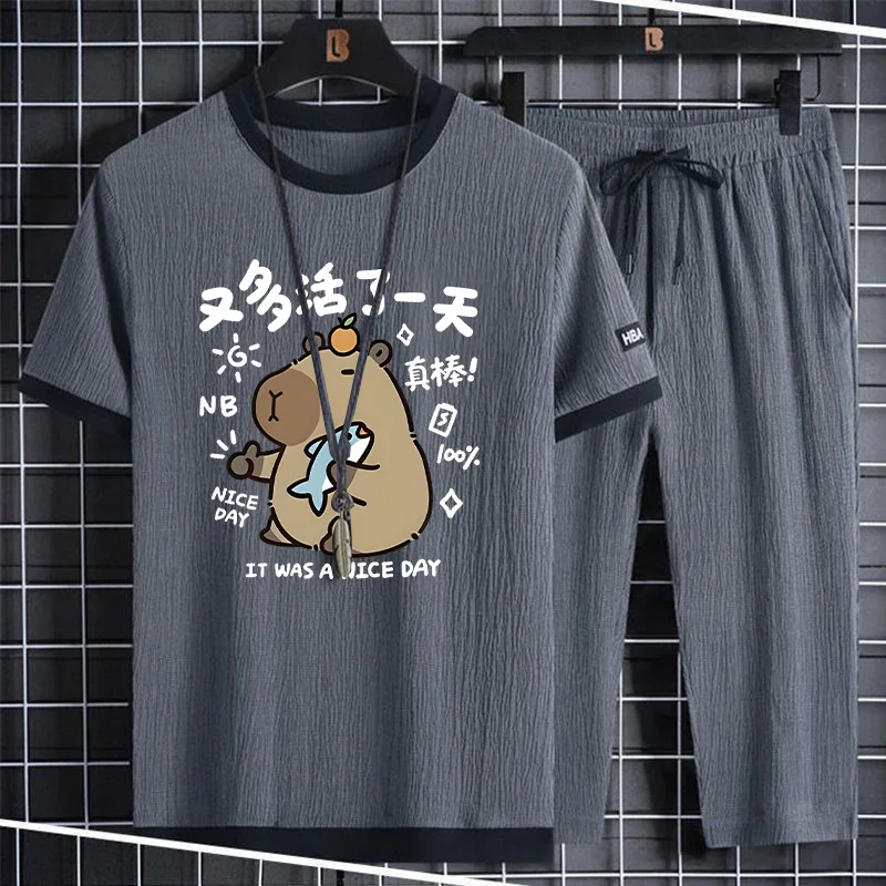 

Summer New Men's Ice Silk Sports ort Sve Set Casual Loose Student Sli Two Piece Set T-irt Comfortable Breathable