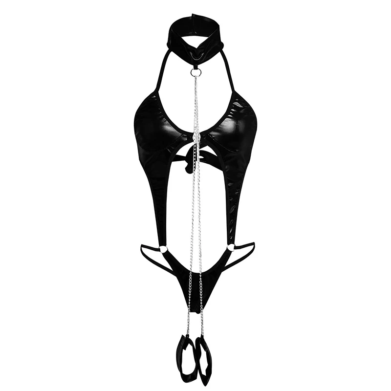 ملابس داخلية مثيرة من الجلد الأسود اللامع ، بدلة قطة ، ملابس نوم مثيرة