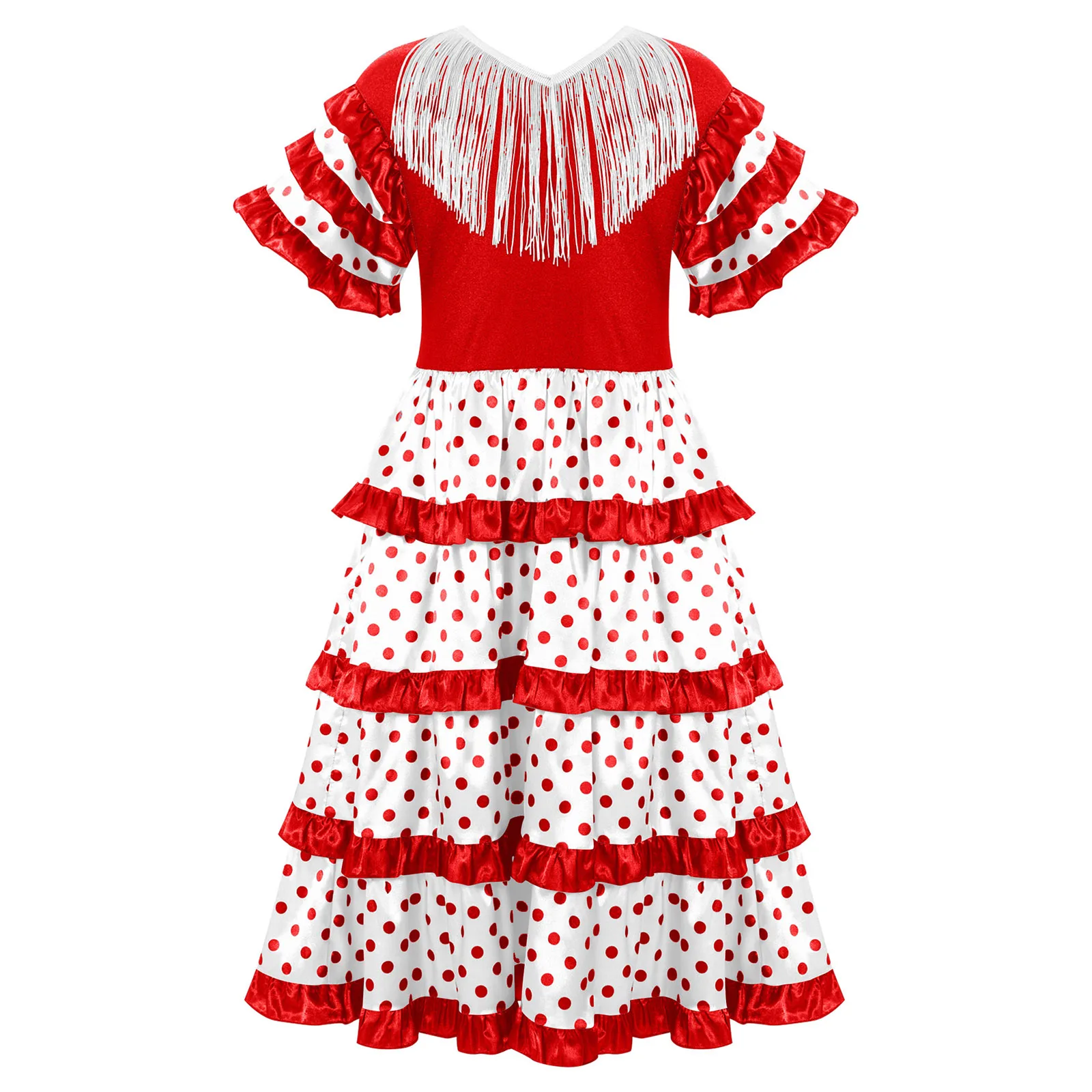 Kids Girls Spanish Flamenco Dress Gypsy Style Dance Performance Costume Tassels Short Sleeve Tiered Ruffles Dots Dress Halloween