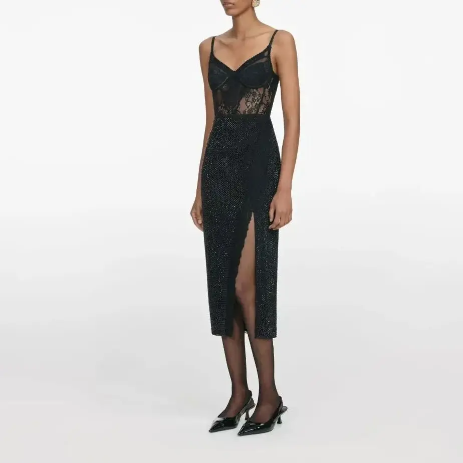 Women fashion set Lace camisole top + Lace rhinestone spliced high slit midi skirt