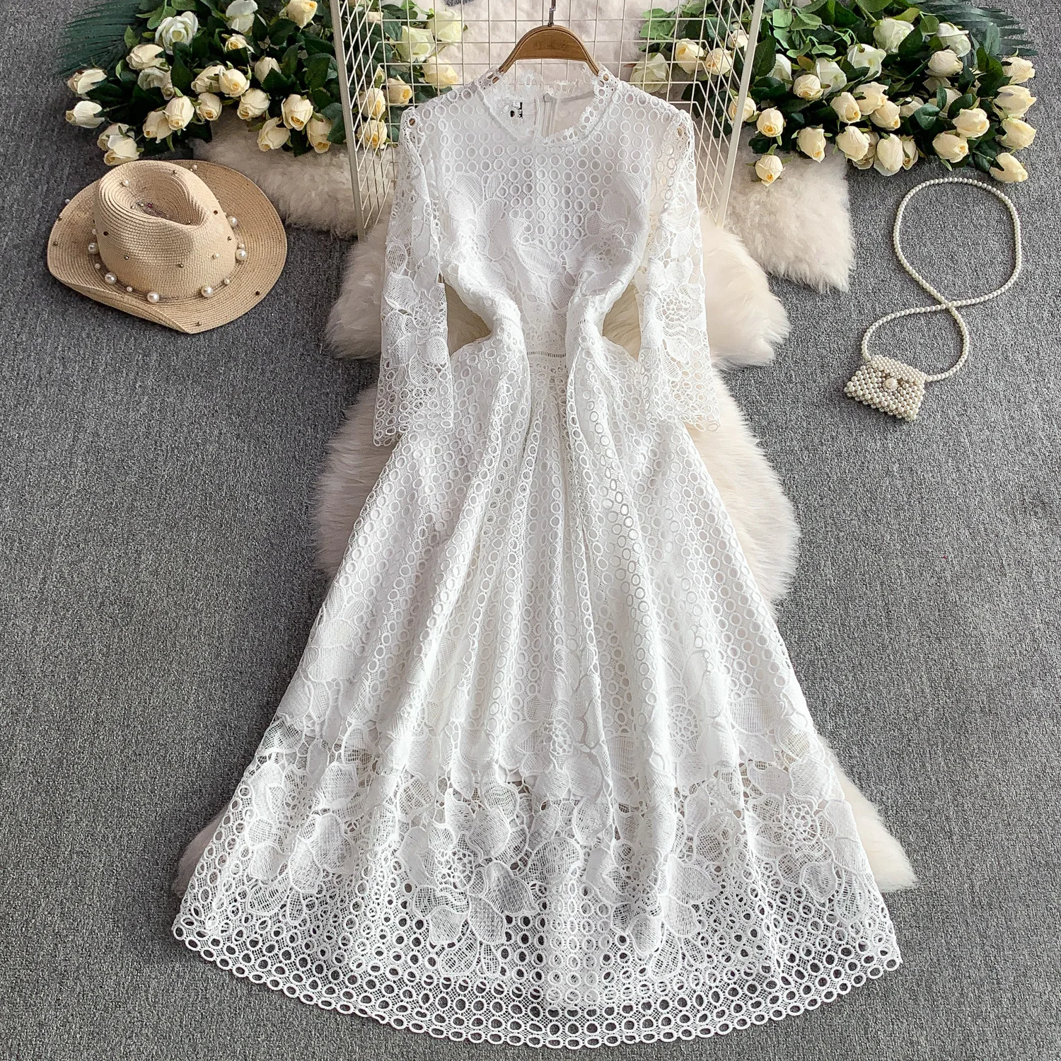 

White Elegant Hook Flower Hollow Lace Dress Women 2025 Summer Round Neck Long Sleeve Waist Slim Dresses Boho Holiday Long Dress