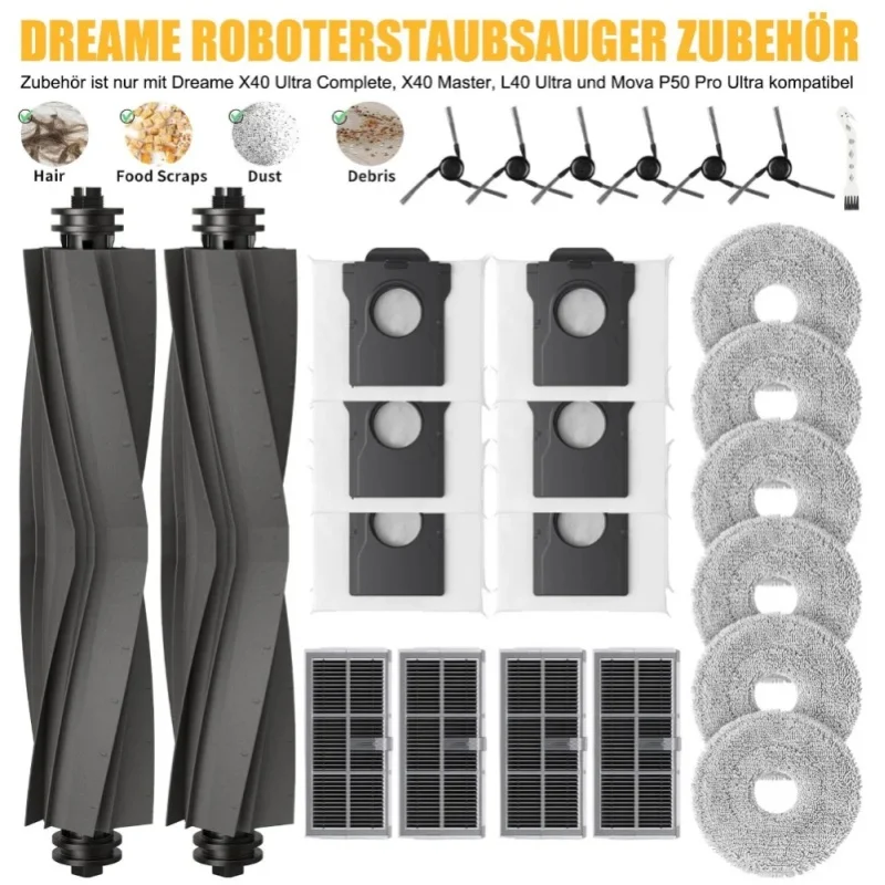 Zestaw akcesoriów do robota sprzątającego Dreame, 25 elementów, części zamienne do modeli X40 Ultra Complete/X40 Master/L40 Ultra/Mova P50 Pro Ultra, zawiera: główną szczotkę, filtr, ściereczkę do — 2