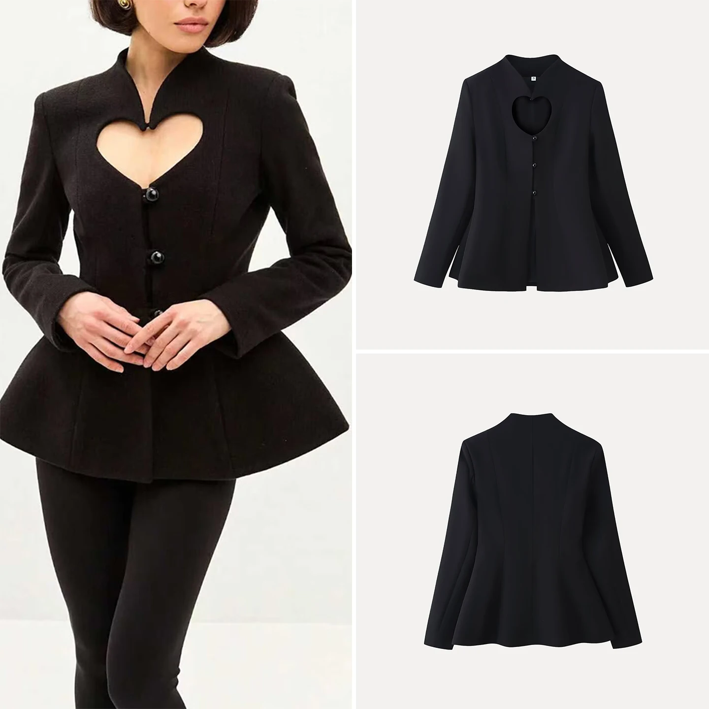

Black Hollow out Button up Heart Shaped Versatile Outerwear for Women Fashionable Personality Spring 2026 Zadata Slim Fit Lon...