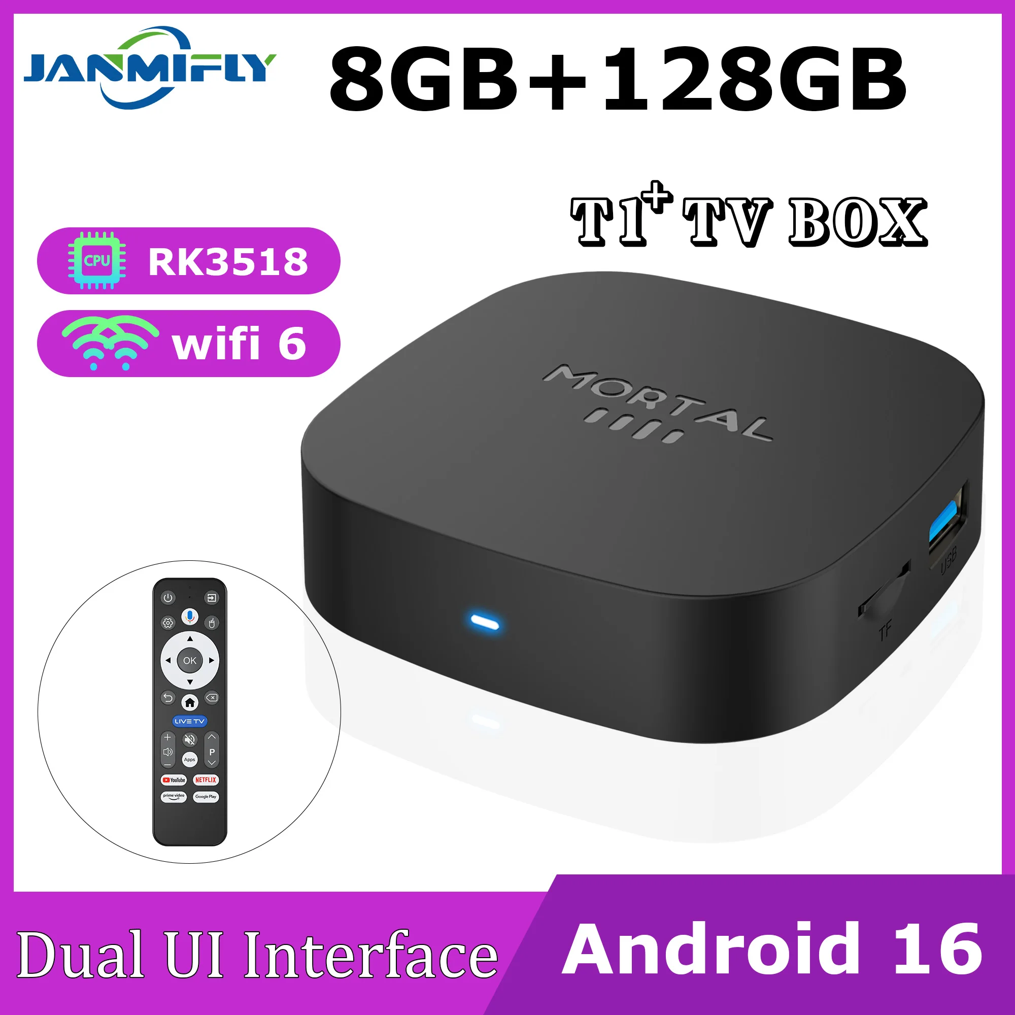 2026 nouveau boîtier de télévision intelligent T1 + RK3518 Android 16 WiFi 6 BT 5.4 double Interface UI 8K Ultra HD 8GB RAM 128GB ROM lecteur multimédia intelligent 2026 nouveau boîtier de télévision intelligent T1 + RK3518 Android 16 WiFi 6 BT 5.4 double Interface UI 8K Ultra HD 8GB RAM 128GB ROM lecteur multimédia intelligent