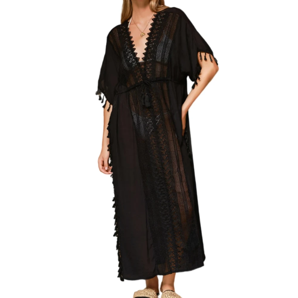 Women's Solid-Color V-Neck Slub Cotton Fringed Long-Sleeve Oversized Cover-Up Loose Bikini Cover-up For Vacation Holiday Beach