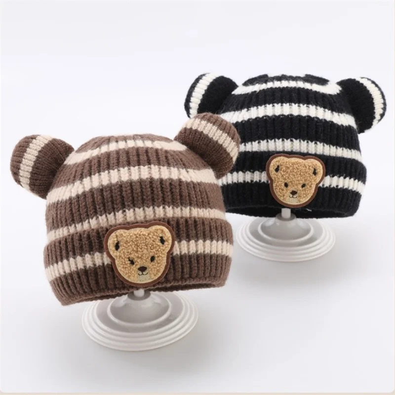 

Fashion Stripe Toddler Knit Hat Cartoon Bear Children Crochet Bonnet Winter Warm Kids Pullover Cap Korean Baby Woolen Hat 1-6Y