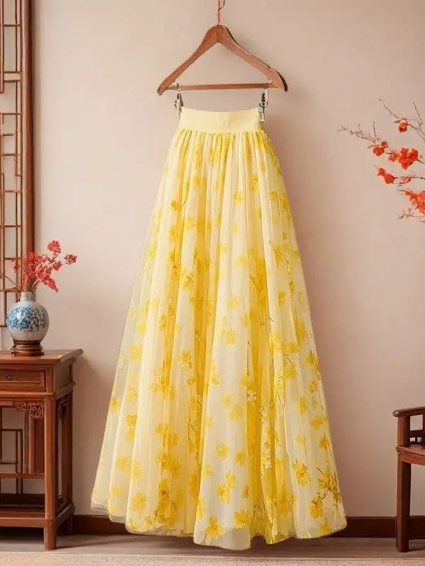 

High Waist Yellow Floral Skirt Women's Modern Sle A-Line Skirt Polyester Fabric Urban Faion Spring Season