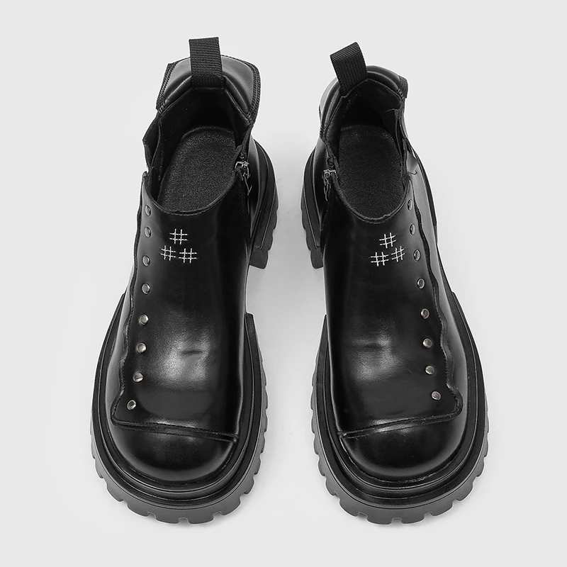 New Embroidered Men Punk Round Head Fashion Cool Boots Thick Bottom Anti Slip Splicing Personalized Low Top Boots
