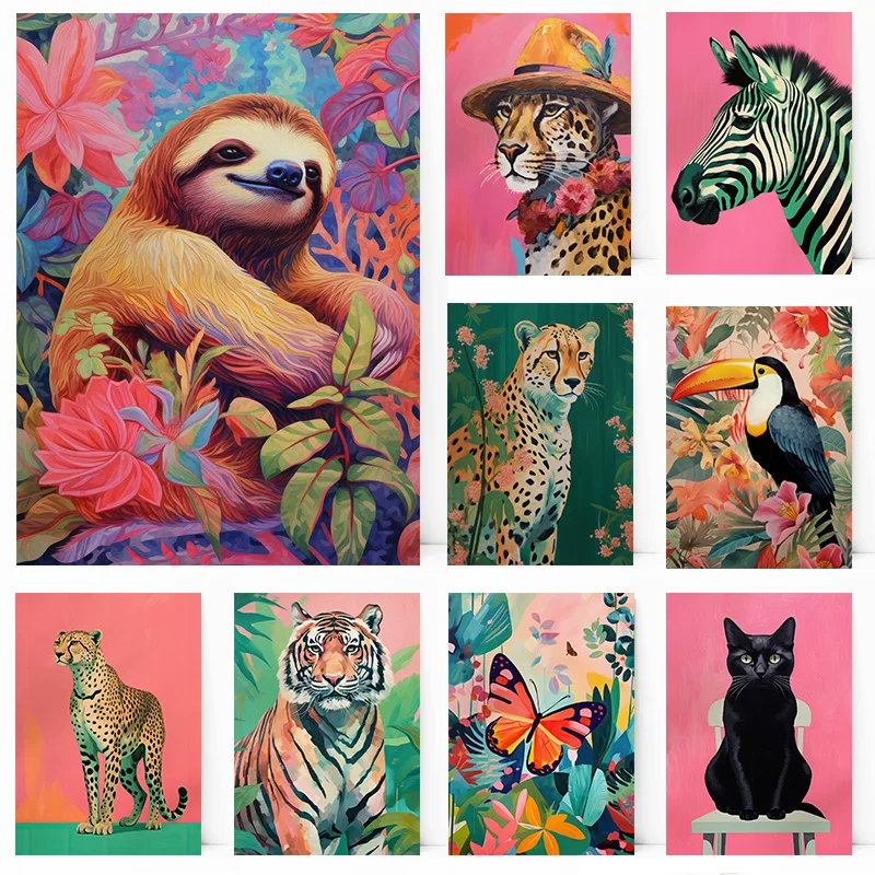 Animal Toucan Jungle Cheetah Pink Leopard Tiger Zebra Dopamine Poster Print Wall Art Pictures Canvas Painting Room Home Decor