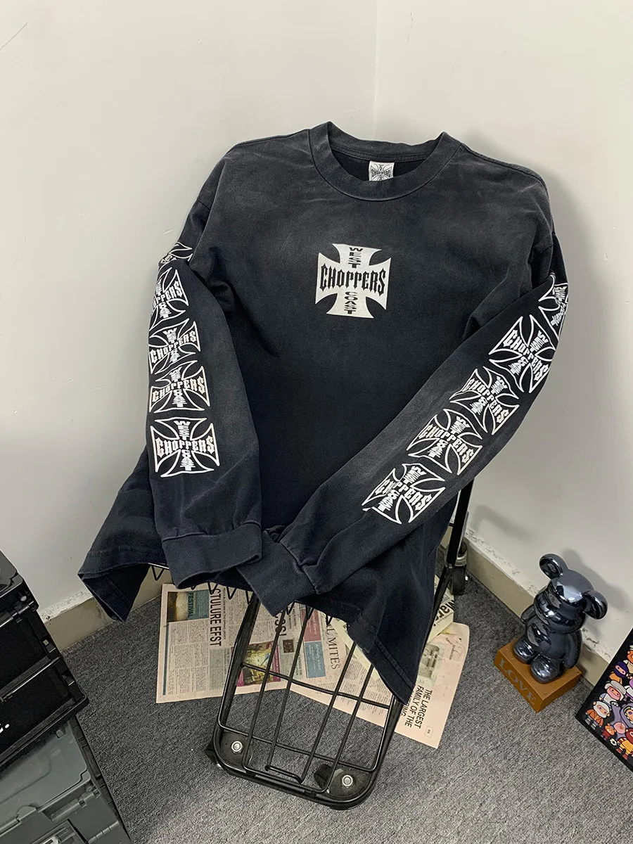 Washed Vintage Long Sleeve T-Shirt Unisex Loose Fit West Coast Choppers Cross High Street Heavyweight Men's Women's Casual Tee
