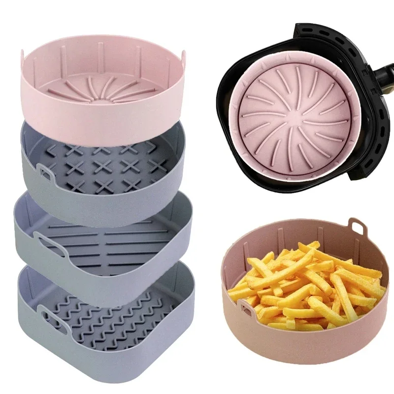 

Reusable Airfryer Silicone Basket Pot Easy To Clean Oven Baking Tray Round Liner Pizza Plate Grill Pan Mat Air Fryer Accessories