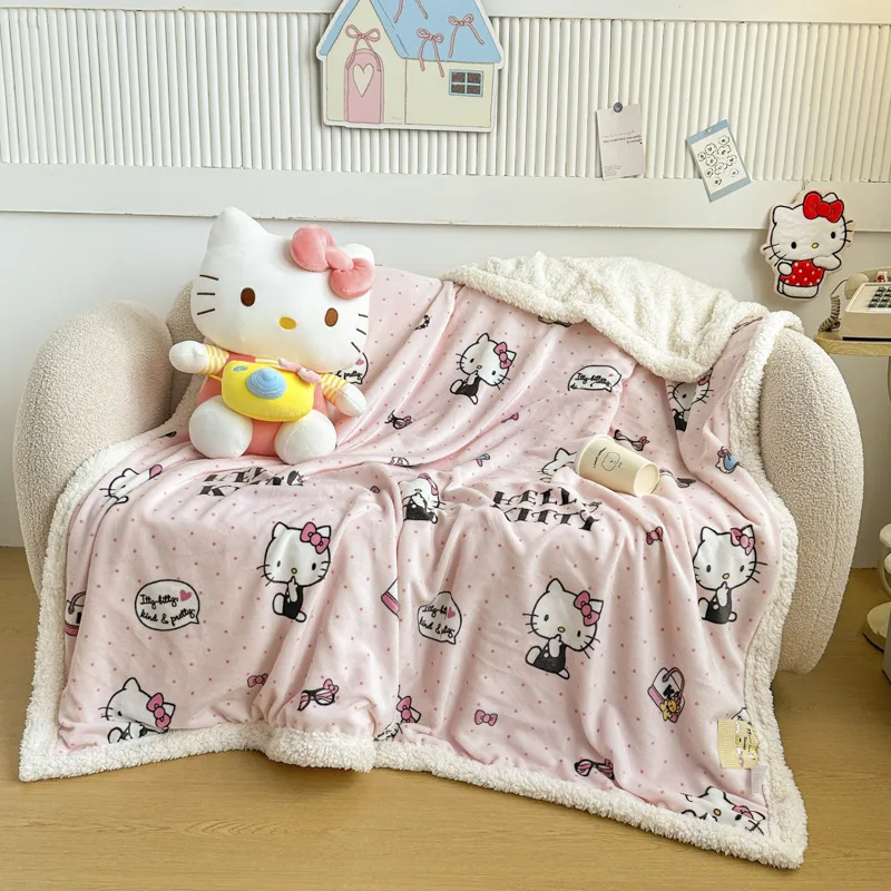 

Kawaii Sanrio Kuromi Hello Kitty Autumn Winter Velvet Children's Cartoon Cute Blanket Milk Velvet Thick Quilt Girls Gifts Toys