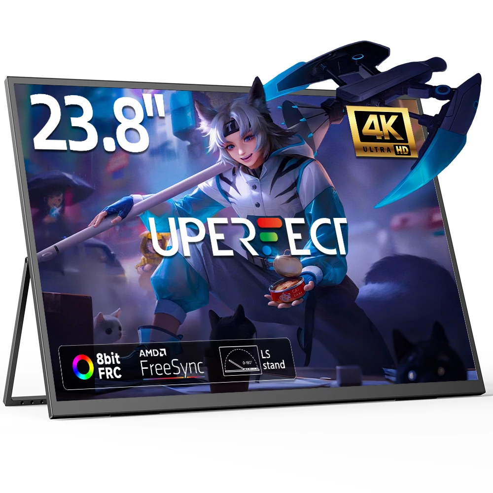 شاشة UPERFECT 4K كبيرة محمولة مقاس 23.8 بوصة UHD 3840 * 2160 100% sRGB FreeSync شاشة خارجية لأجهزة الكمبيوتر المكتبية والكمبيوتر المحمول والكمبيوتر الشخصي الصغير MacBook مع حامل VESA HDMI USB-C شاشة ألعاب