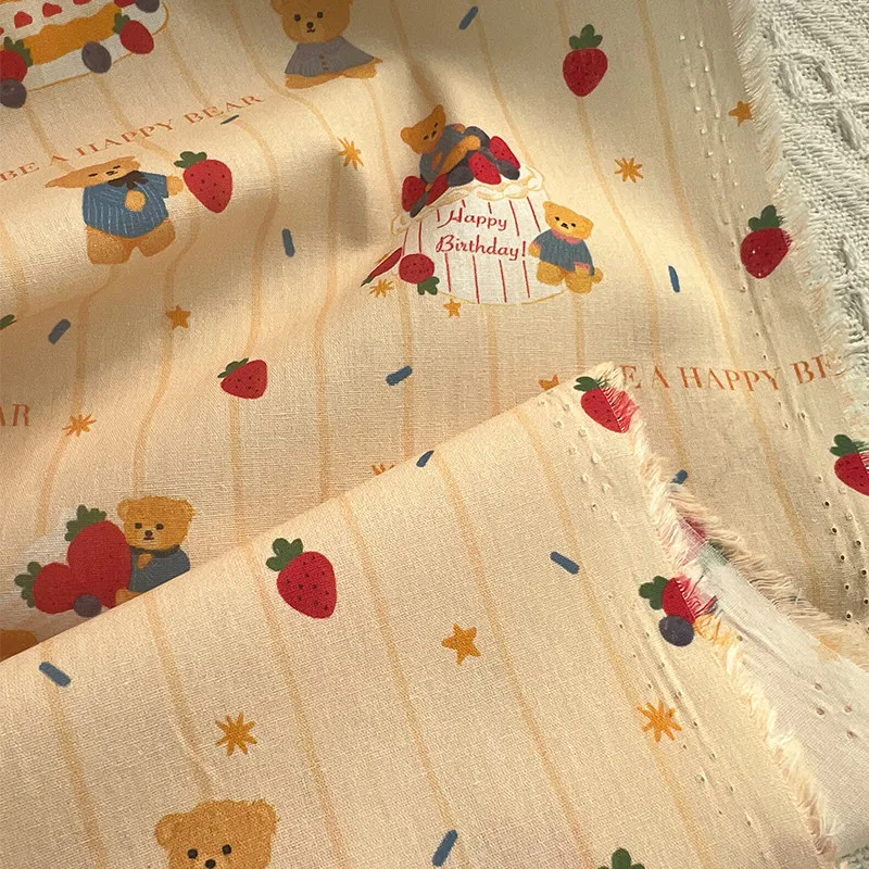 Digital printed striped strawberry teddy bear all cotton lightweight fabric 145x50cm suitable for dress, pet DIY sewing fabric