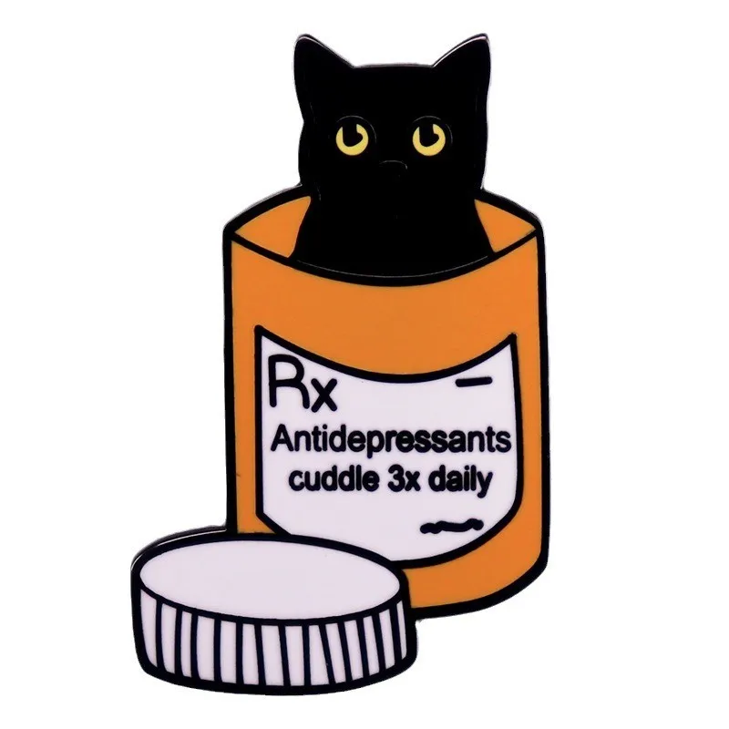 Black Cat Badge Rx Antidepressants Cuddle 3x Daily Enamel Pin Brooch Medicine Pharmacist Nurse Jewelry Backpack Decorate Gift