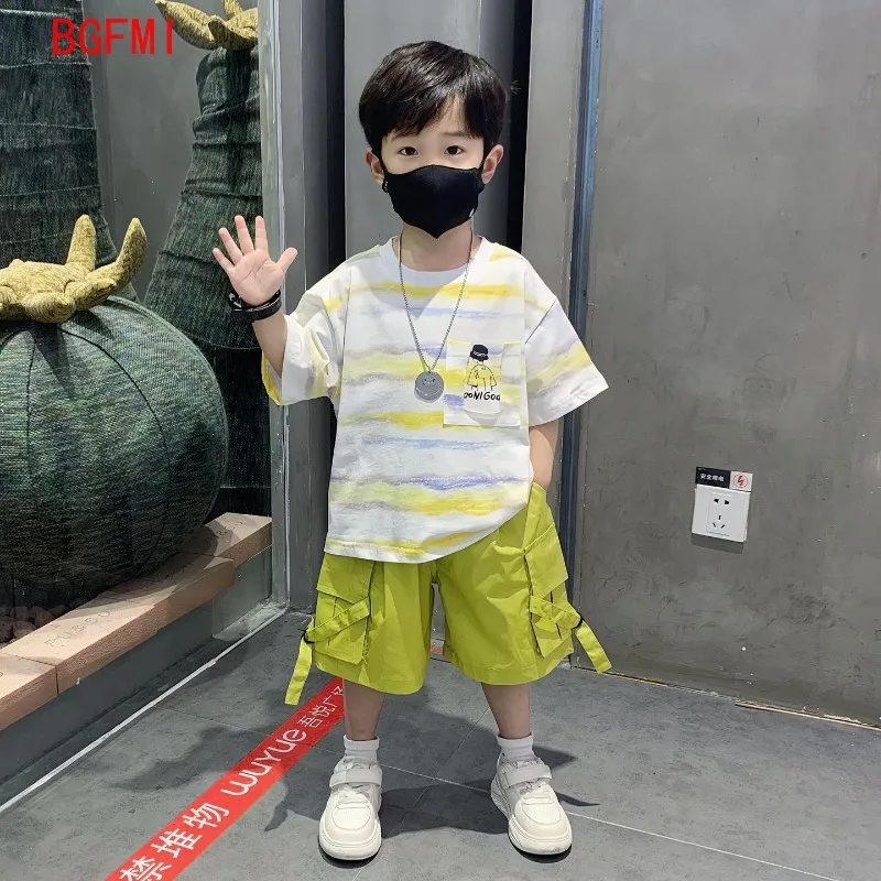 Korean New Kids Short Sleeve Cartoon T-shirt Suit Striped Boys Summer Tops + Short Baby Outdoor Clothes 2-10Y Children's Wear