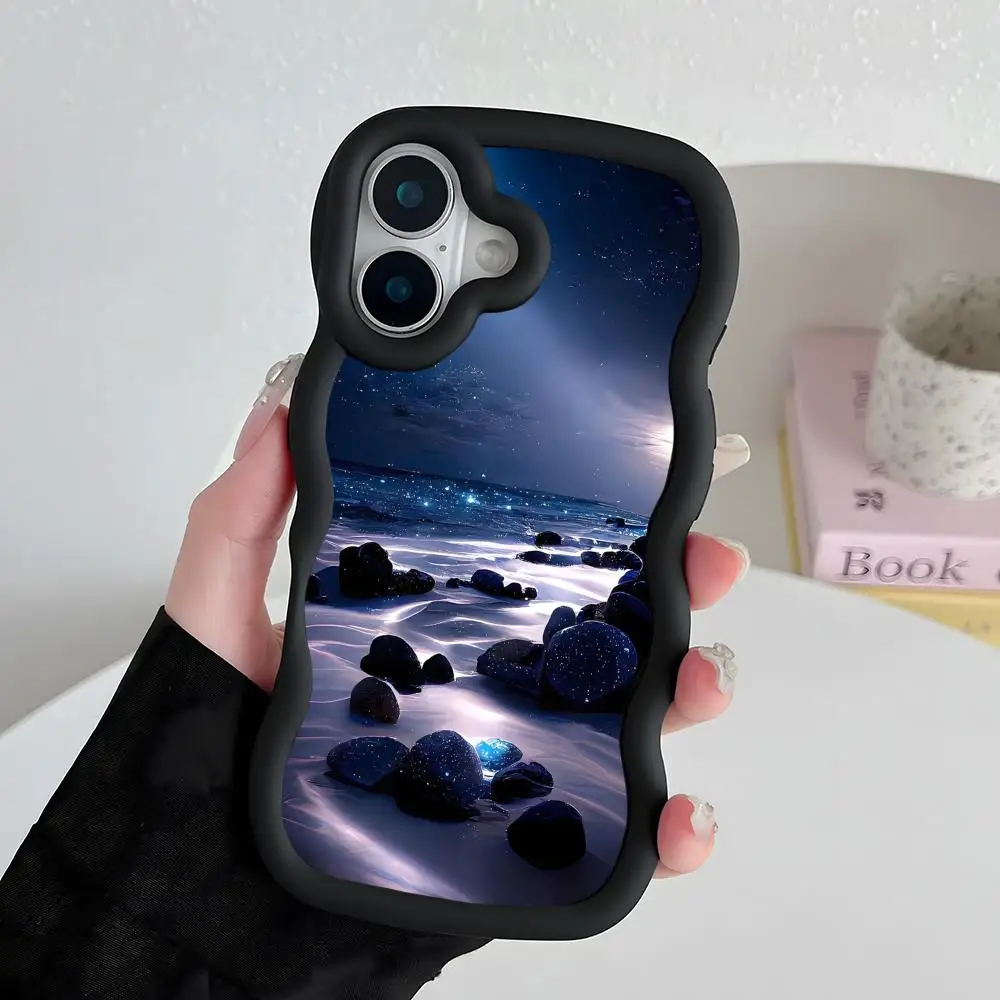 

Pretty Night Nature Phone Case for iPhone 17 16 15 14 13 12 11 Air Pro Max Plus Black Soft TPU Wavy Edge Cover