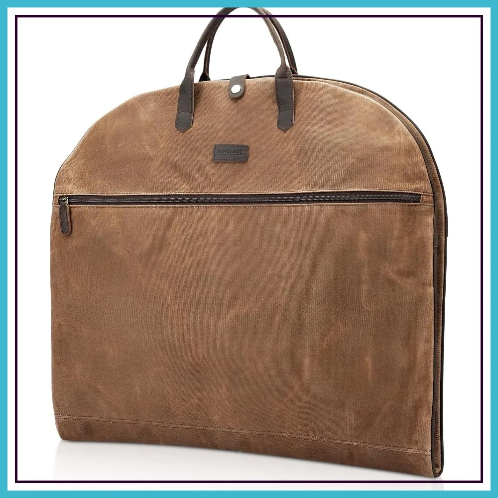 

43" Waxed Canvas Garment Bag with Leather Trim, Waterproof Foldable Carry-On for Travel, YKK Zipper