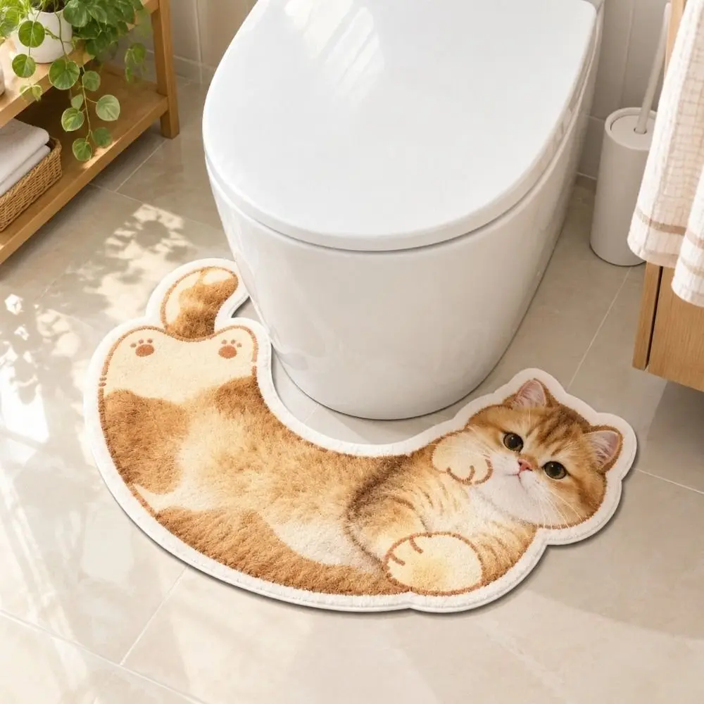 Decorative Cartoon Pattern U-Shaped Bathroom Rug Splash Proof Non-Slip Cat Pattern Rug U-Shaped Curved Toilet Rug Bathroom Floor