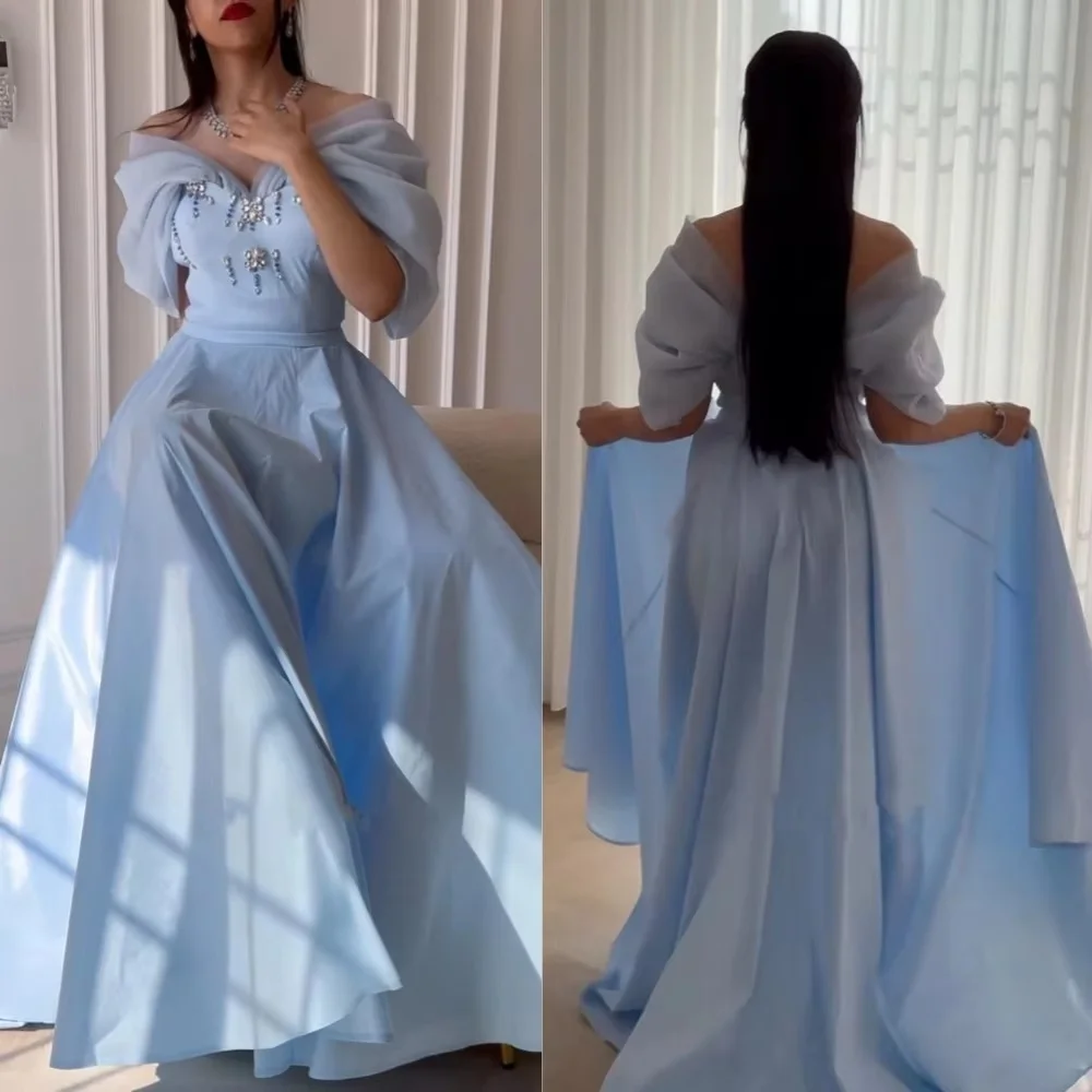 

Customized Elegant Sleeveless A-line Evening Dresses Charming Off The Shoulder Ruched Prom Dress Beading Party Gown فساتين سهرة