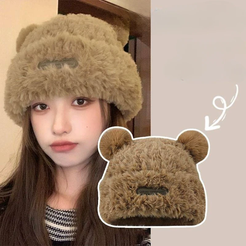 Korean Sweet Little Bear Plush Knitted Hat Women Winter Fashion All-match Beanie Cap Warm Ear Protection Casual Skullies Bonnet