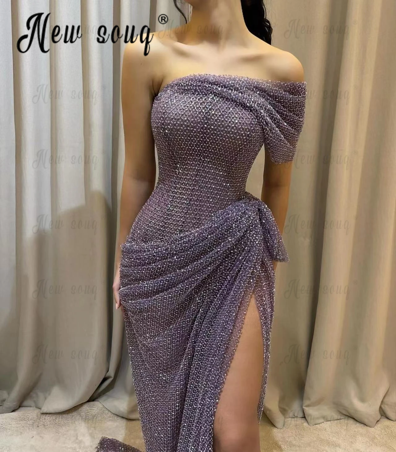 Off Shoulder Boat Neck Dusty Purple Cocktail Dress High Split Robes De Soirée 2024 Women Wedding dress فساتين حفلة موسيقية