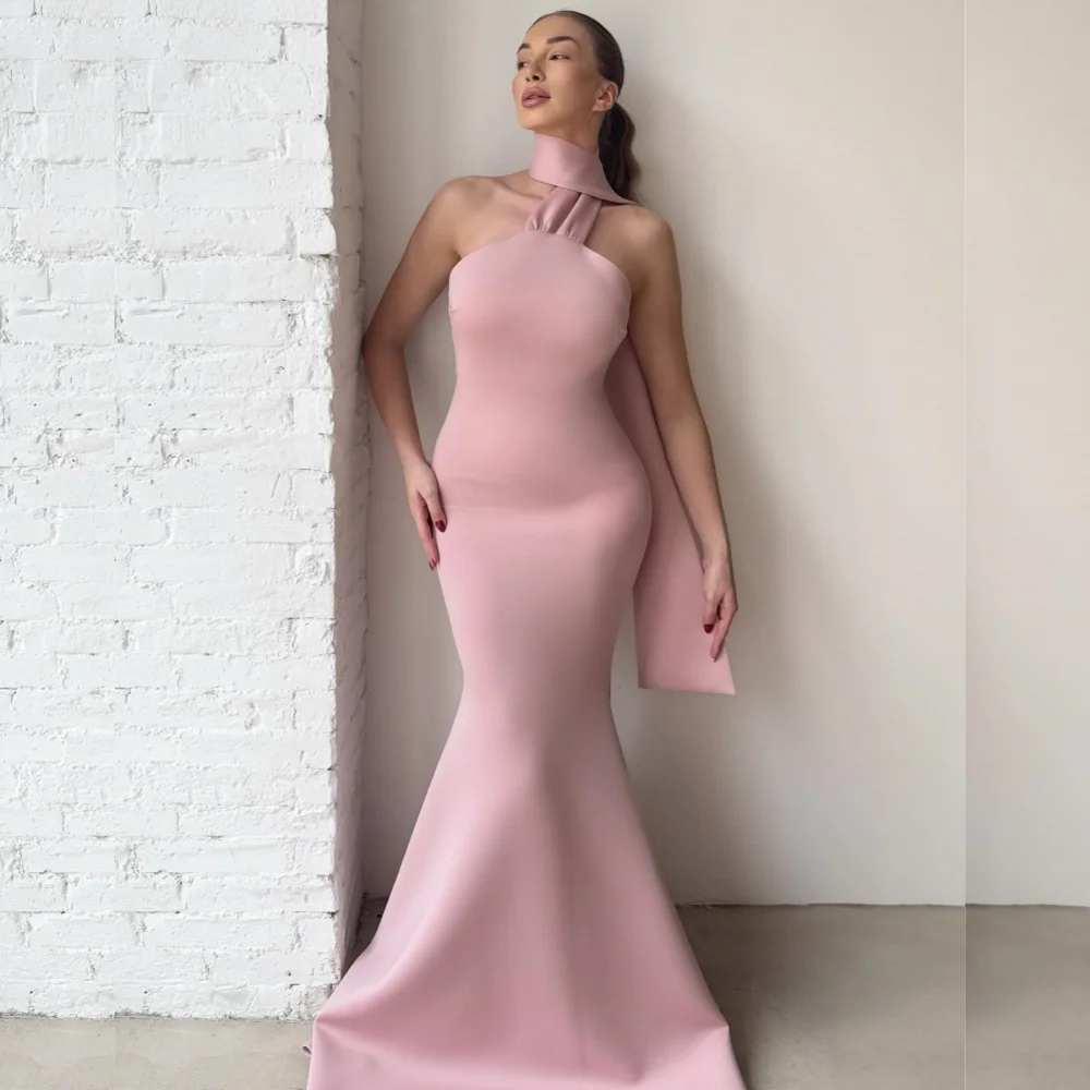 

Customized Fashion Elegant Jersey Pleat Trumpet Halter Long Dresses Bespoke Occasion Exquisite Pastrol