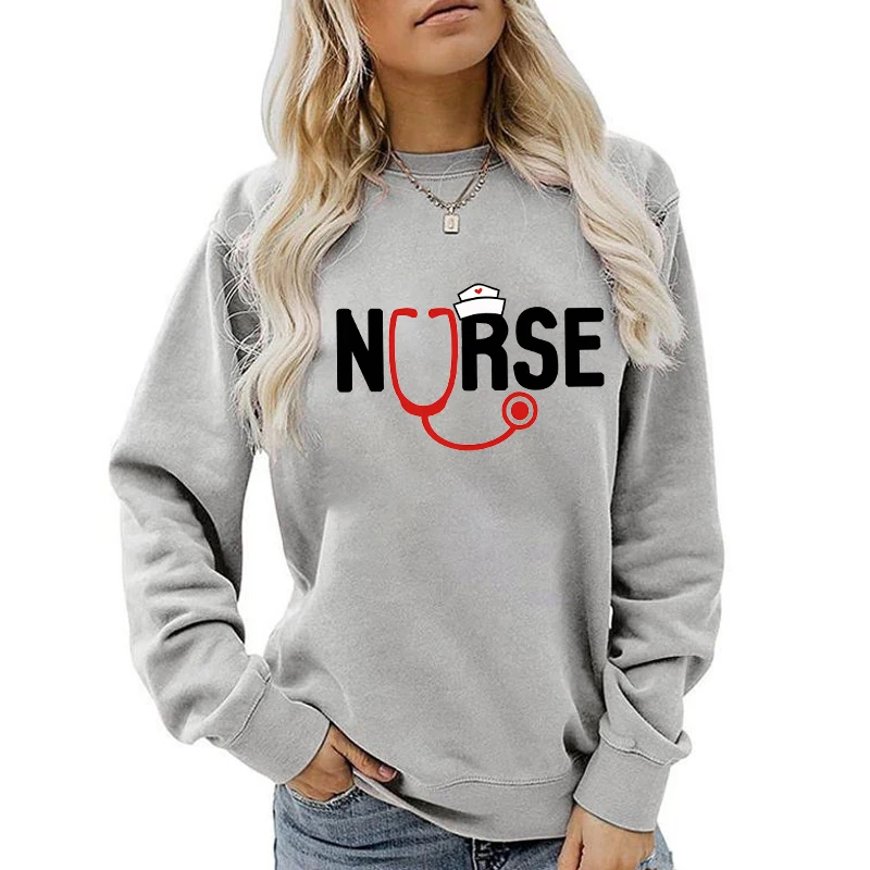 (A+Quality)Women Fashion Nurse Stethoscope Print Sweater For Women Plus Size Funny Long Sleeve Graphic Plus Size Sweatshirt