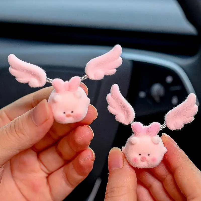 1 Pcs Cute Fluffy Pig Car Ornaments With Shaking Pink Wings Perfect For Dashboard Office Desk Decor