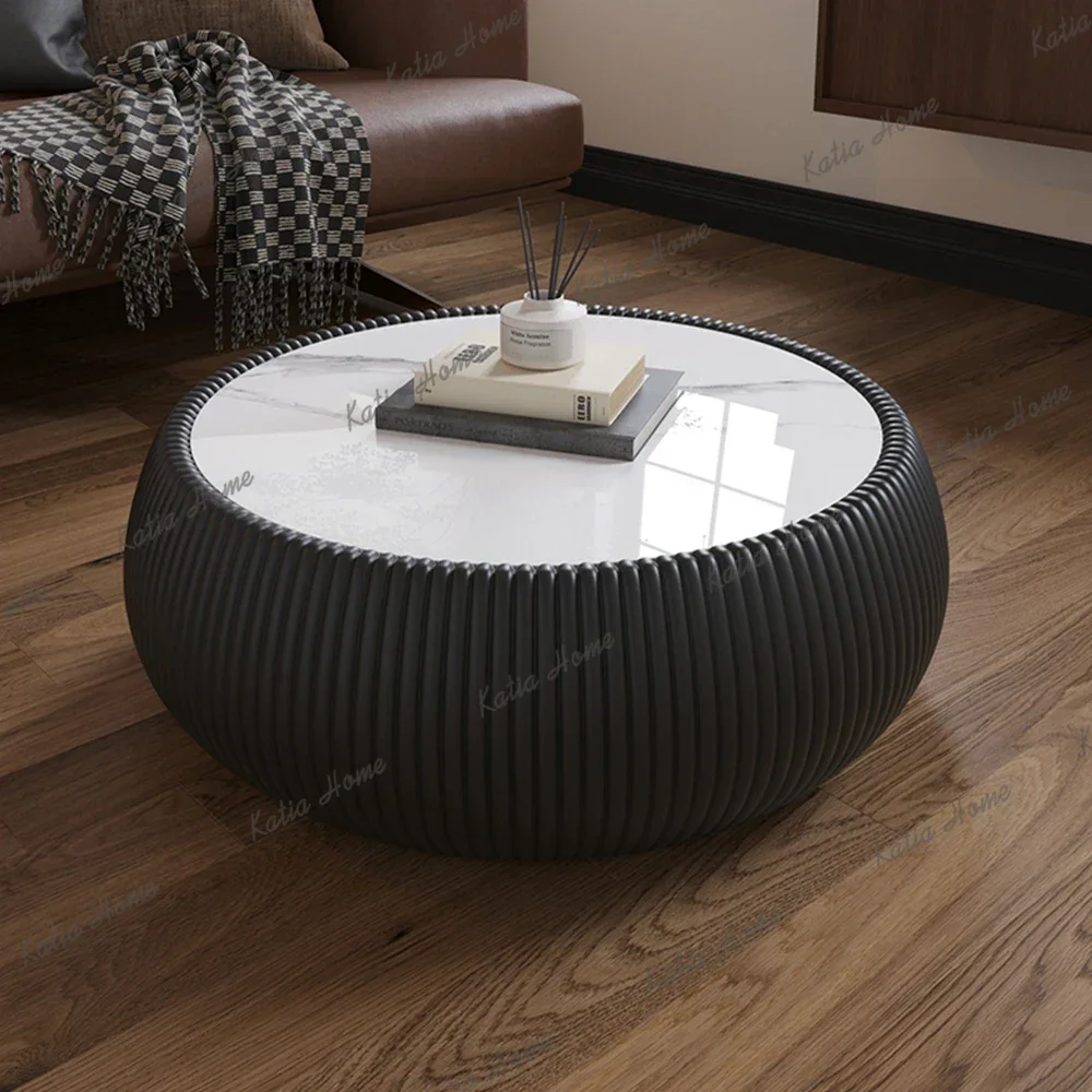 LSLight Sintered stone Top Drum Shape Leather Coffee modern Sofa Table for Living Room (Each tabletop has a unique grey pattern)