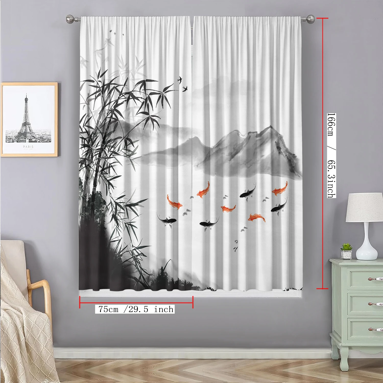 2PC Home Decoration Curtains With Landscape Background And Pole Pocket Curtains, Kitchen, Coffee Shop, Living Room, Balcony