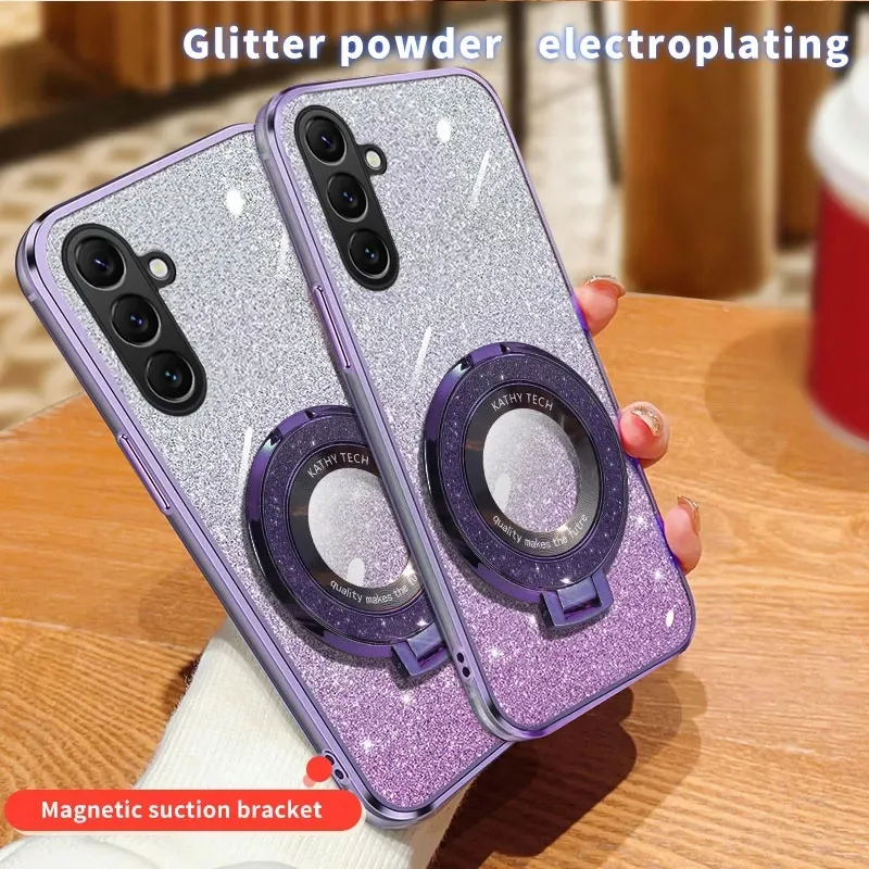 Case For Samsung Galaxy A37 Magnetic Bracket Support Glitter Bling Silicone Shockproof Cover For Samsung Galaxy A17 A57 Shell