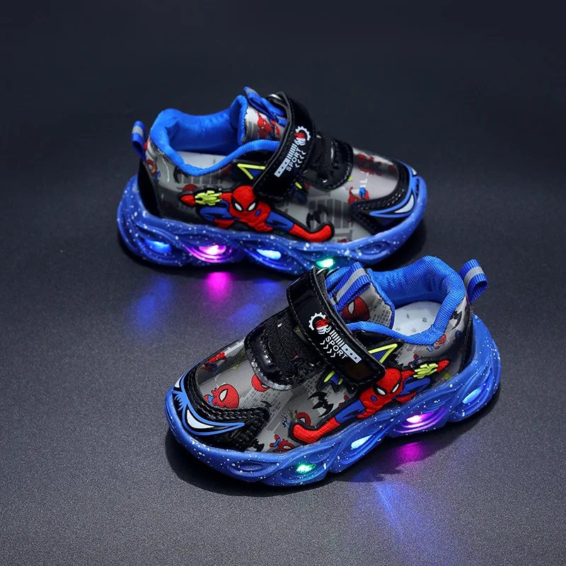 Disney LED Casual Cartoon Sneakers for Boys Spiderman Leather Outdoor Shoes Children Cute Lighted Non-slip Shoes Size 21-30