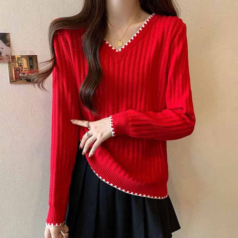 

Female Autumn Winter Loose Large Size V-neck Knitted Sweater Women New Long Sleeve Pullover Bottom Sweater Female Jumper Tops